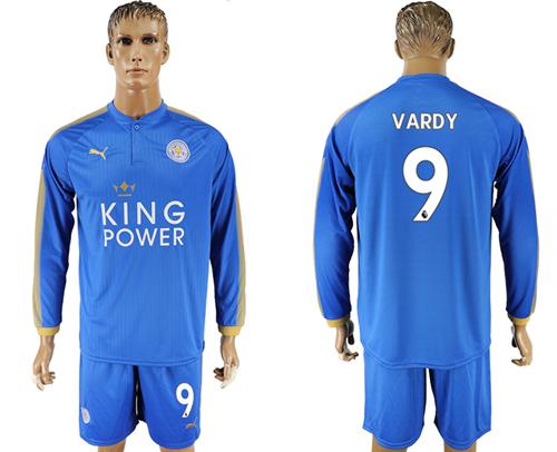Leicester City #9 Vardy Home Long Sleeves Soccer Club Jersey - Click Image to Close